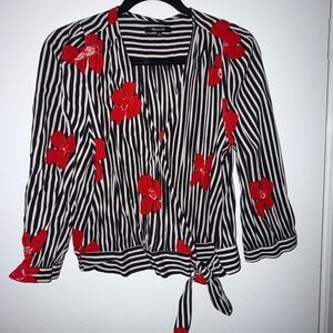 Madewell Black and White Striped Blouse with Red Floral Design